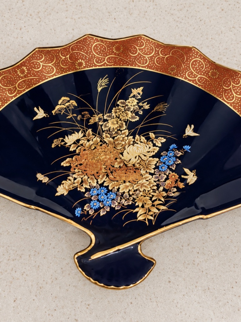 Vintage Japanese Fan Shaped Trinket Dish Black Gold Floral Ceramic Japan